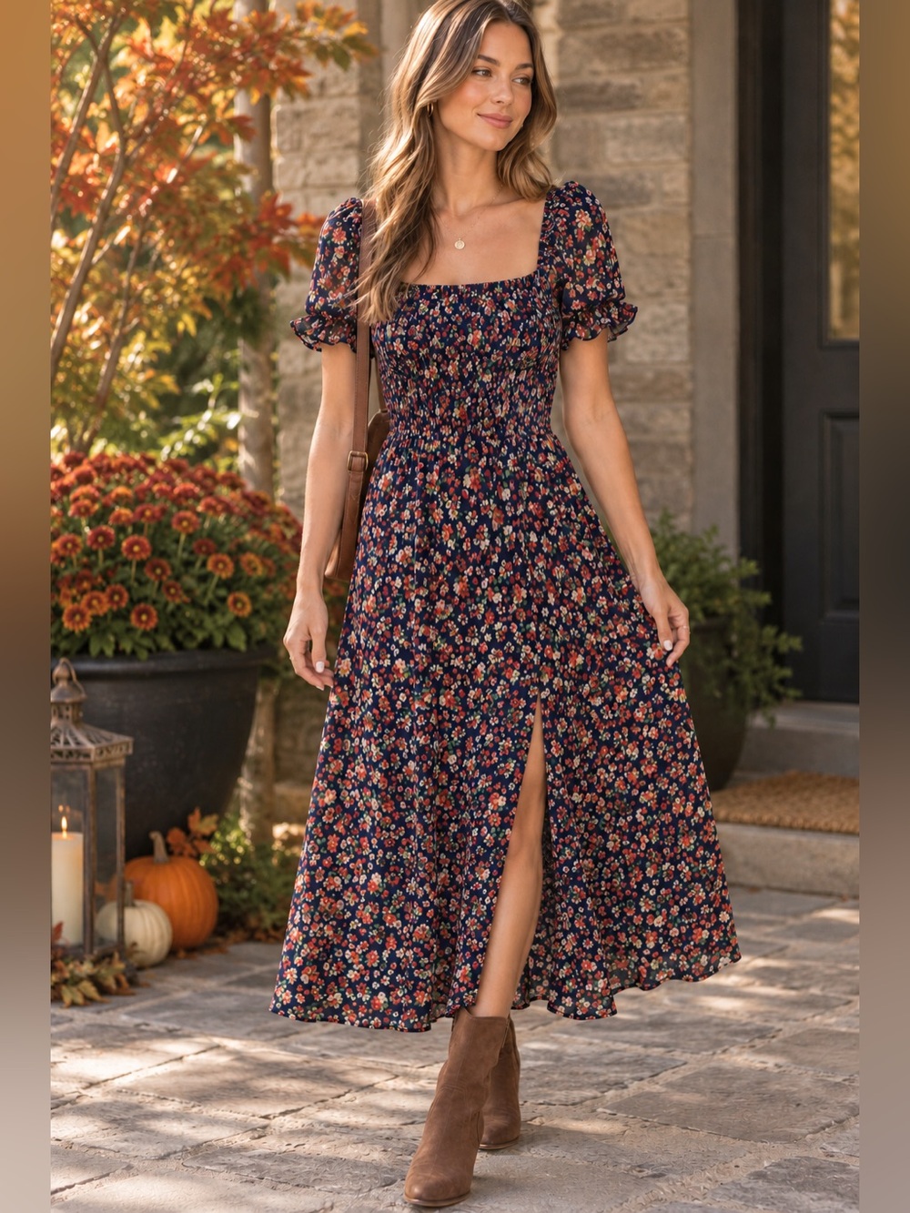 Siren Liliy Fall Floral Smocked Midi Dress - Dark Blue/Red Size Small